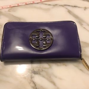Tory Burch purple zip around purple patent wallet